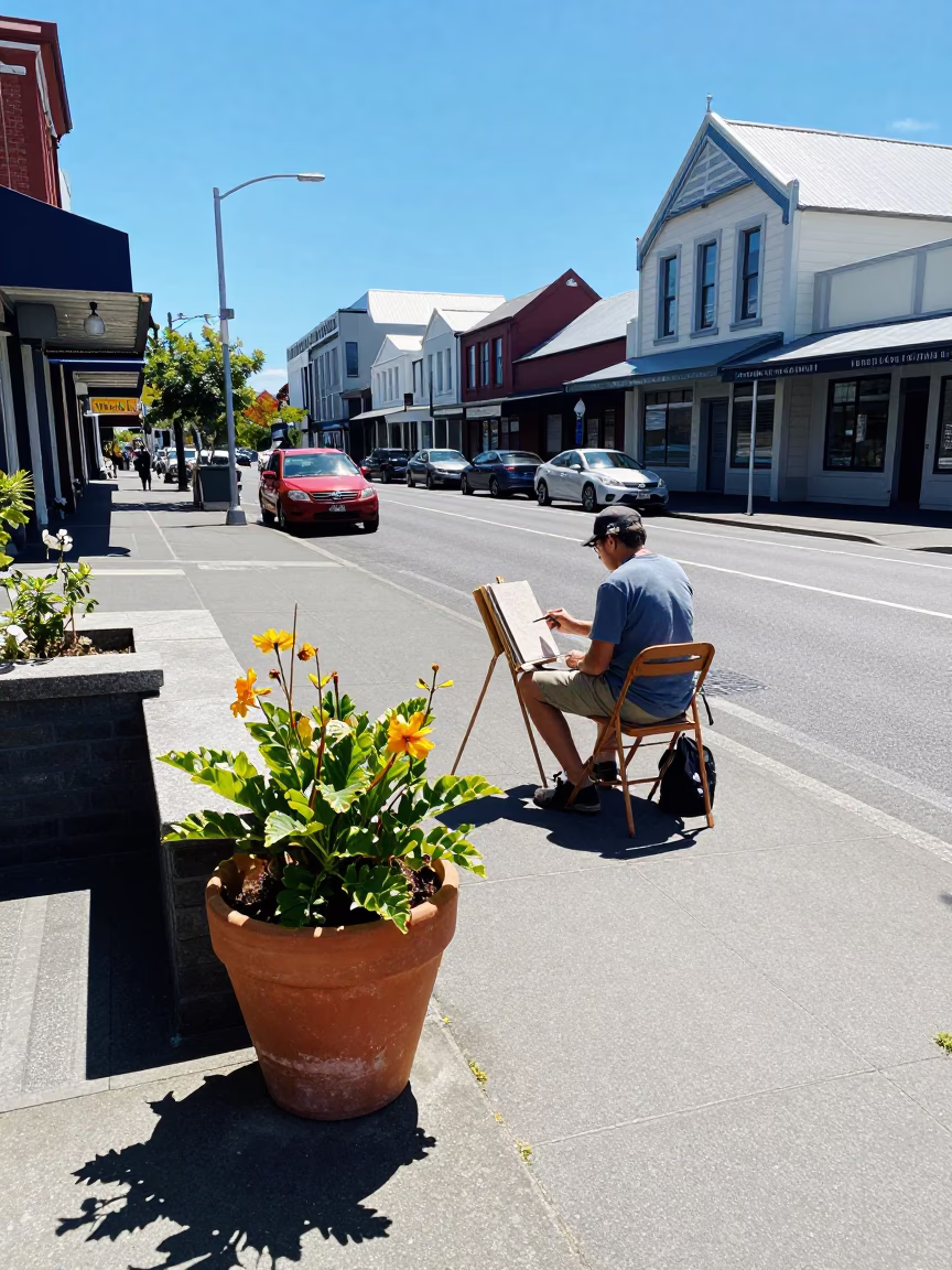 Christchurch New Zealand Midday Street Scene with Flowerpot and Painter at Easel in in Christchurch, New Zealand