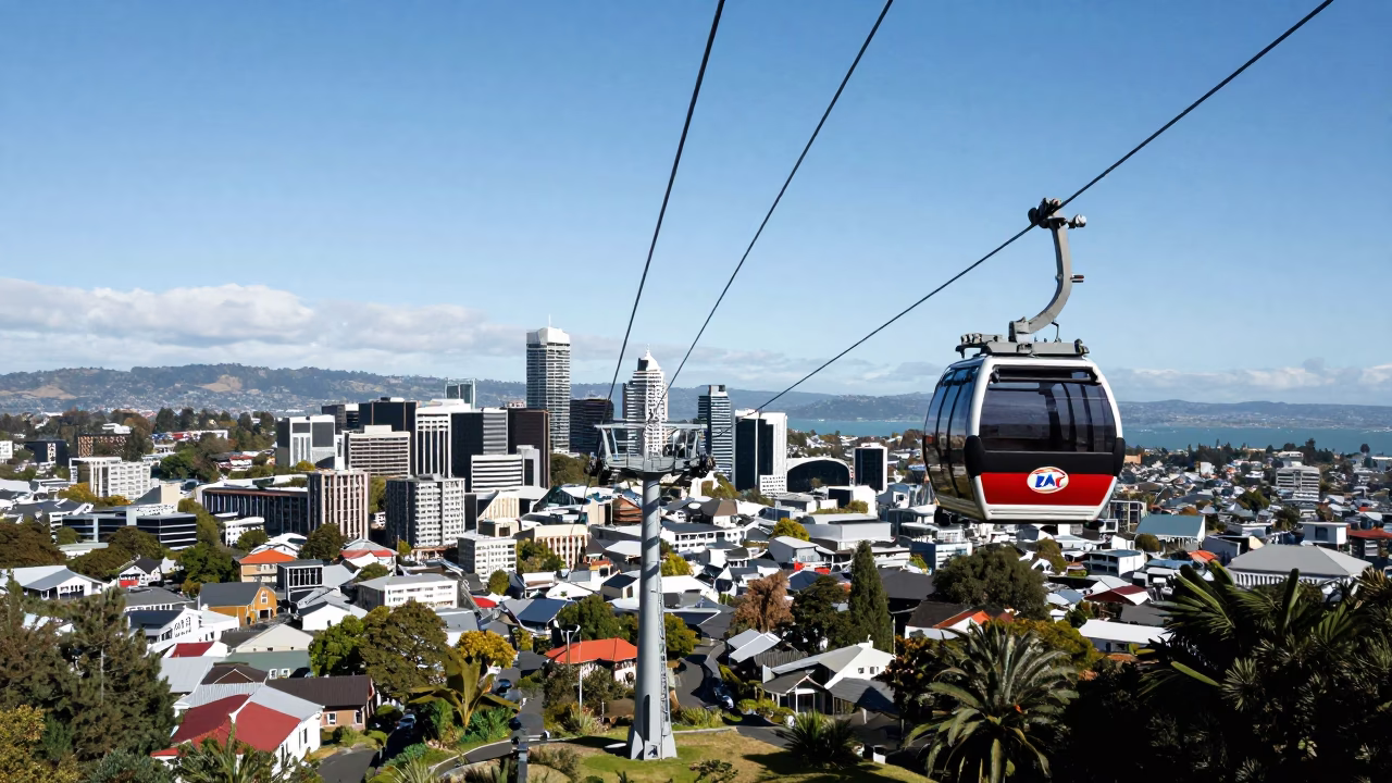 Christchurch New Zealand midday view of cable car and city skyline from Redcliff in in Christchurch, New Zealand