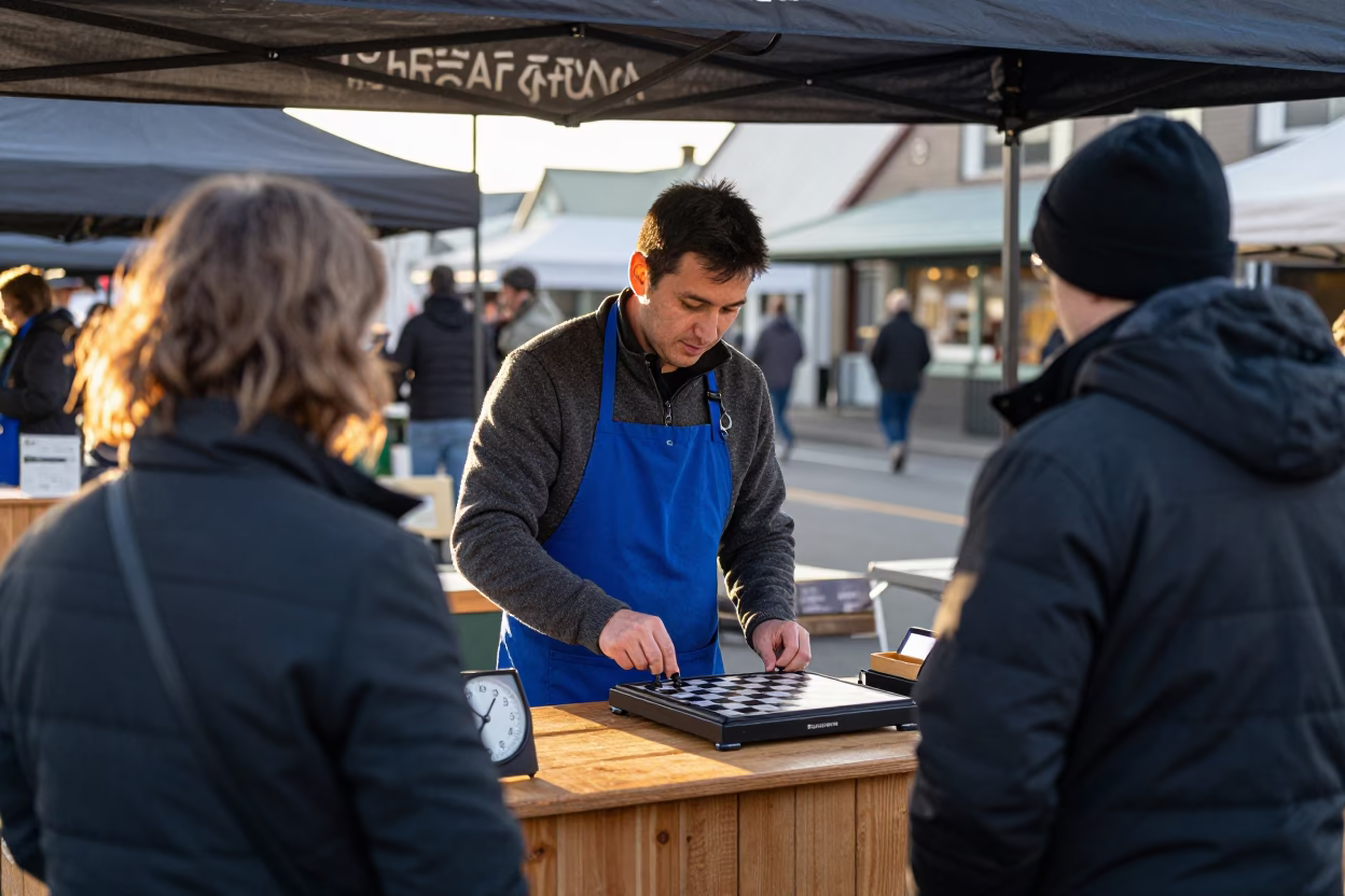 Christchurch New Zealand Morning Market Stall with Chess Clock and Apron in in Christchurch, New Zealand