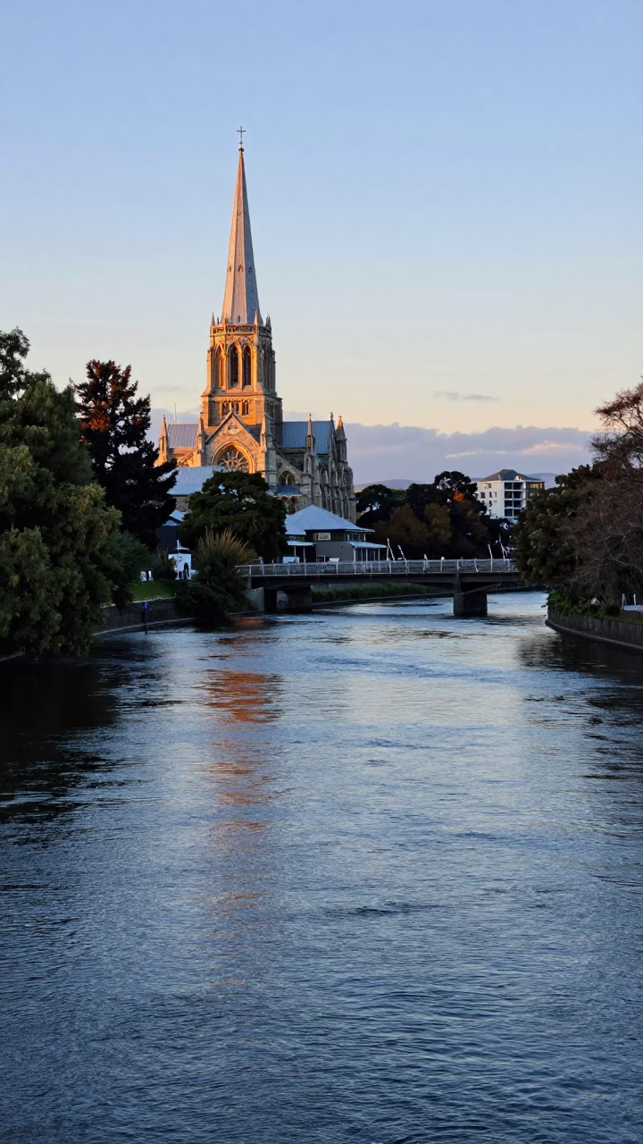 Christchurch New Zealand Nautical Dawn River Scene with Stonemason on Cathedral Scaffold in in Christchurch, New Zealand