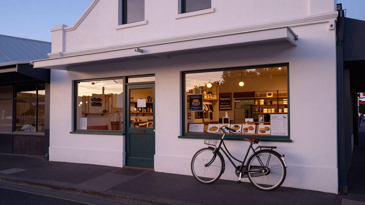 Christchurch New Zealand Nautical Dawn Street Scene With Bicycle And Bakery in in Christchurch, New Zealand