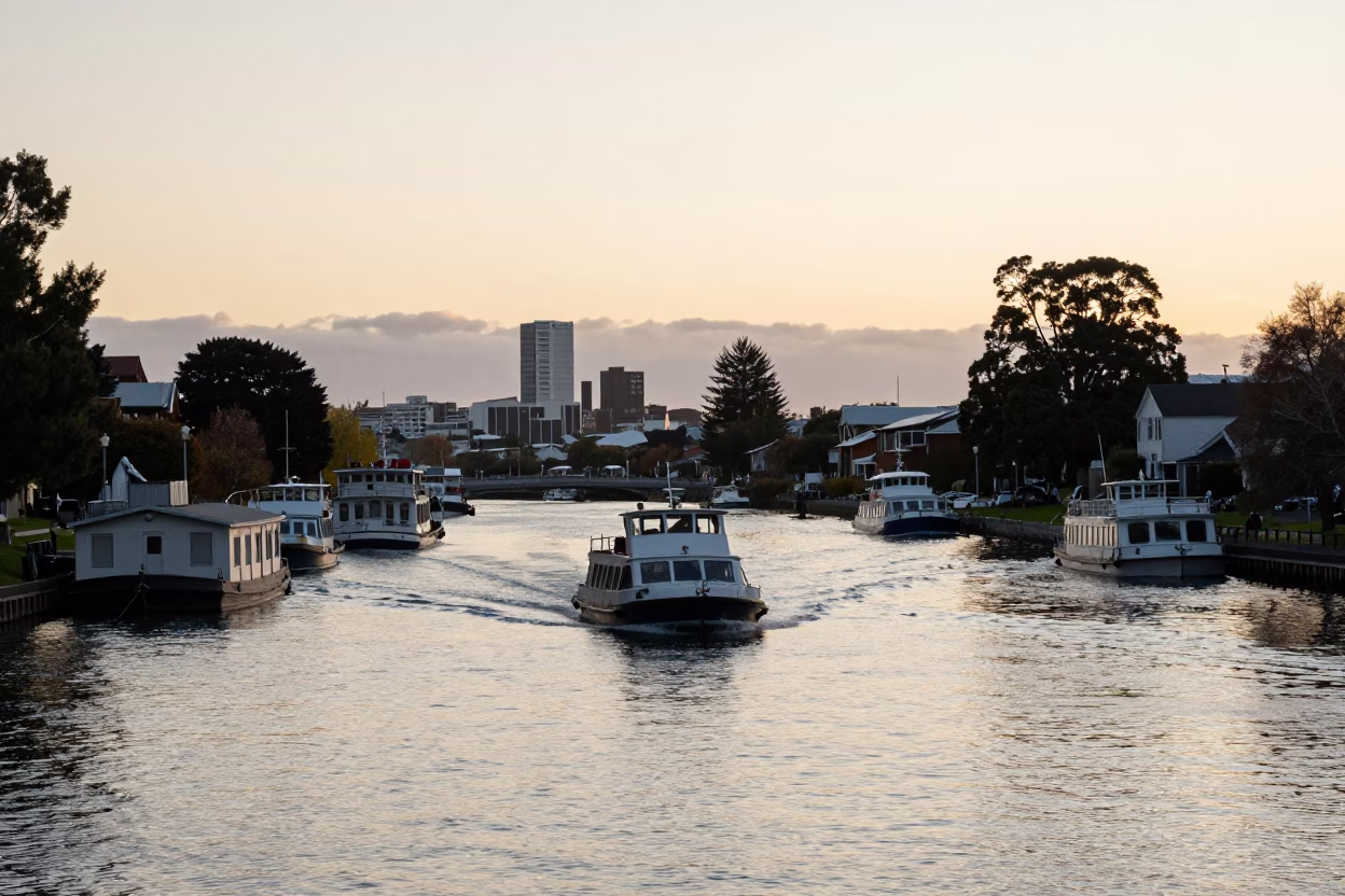 Christchurch New Zealand Nautical Dawn Water Taxi Zigzagging Between Canal Houseboats in in Christchurch, New Zealand