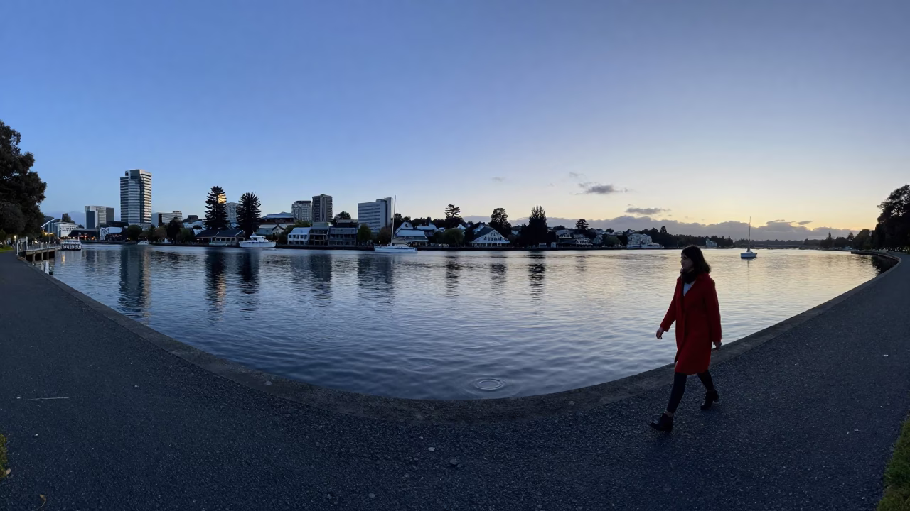 Christchurch New Zealand Nautical Dawn Waterfront Scene with River Reflections in in Christchurch, New Zealand