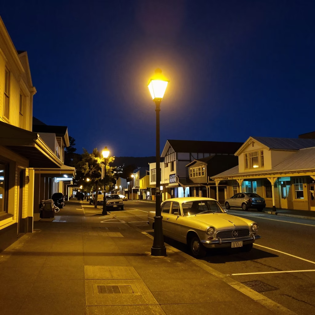 Christchurch New Zealand Night Street Scene with Vintage 1960s Car and Streetlamp in in Christchurch, New Zealand