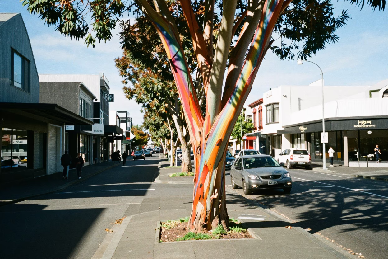 Christchurch New Zealand Noon Light Rainbow Eucalyptus Bark and Urban Street Scene in in Christchurch, New Zealand