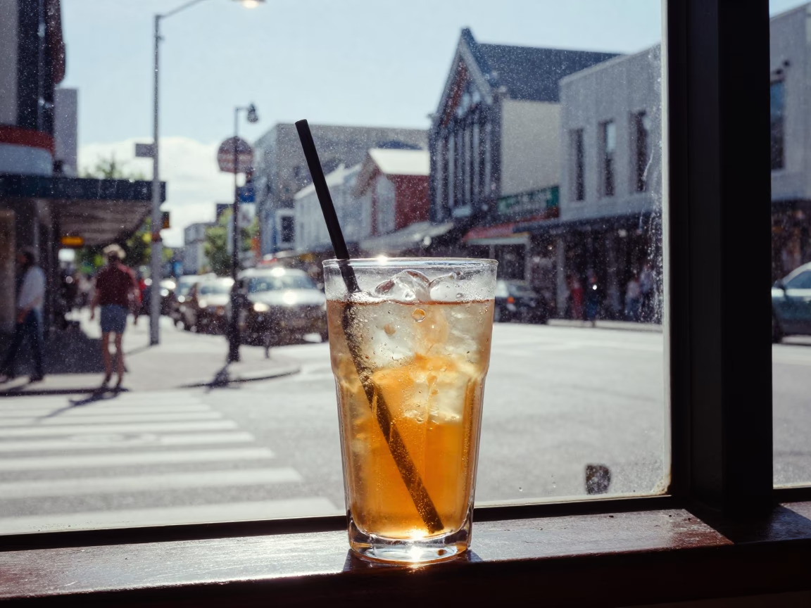 Christchurch New Zealand Noon Street Scene with Glass Condensation and Urban Detail in in Christchurch, New Zealand