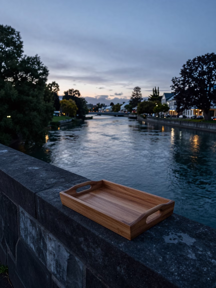 Christchurch New Zealand River Avon at Nautical Dawn with Wooden Tray and Caster Wheel in in Christchurch, New Zealand