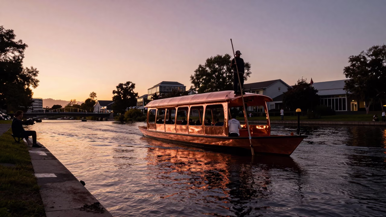 Christchurch New Zealand River Avon Gondola Ride Copper Sunset Light in in Christchurch, New Zealand