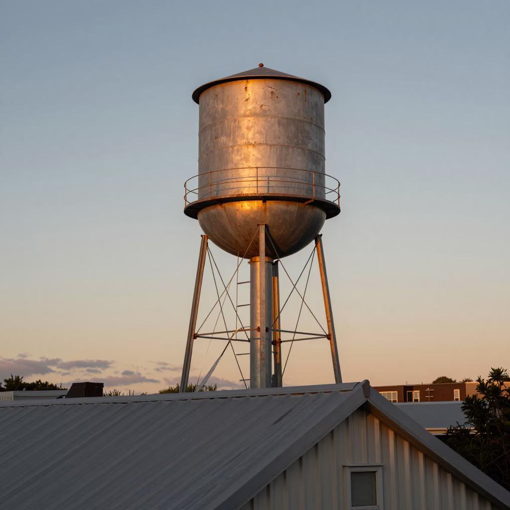 Christchurch New Zealand rooftop water tower against honeyed evening sky and suburban neighborhood in in Christchurch, New Zealand