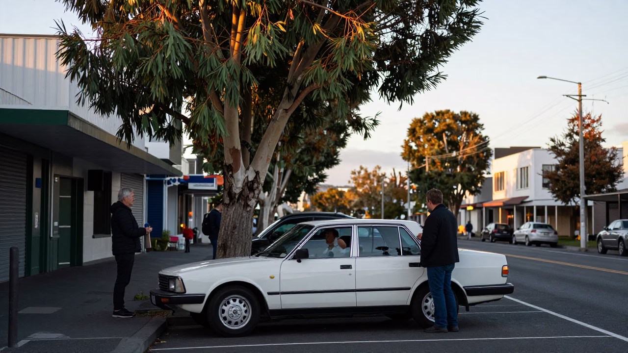 Christchurch New Zealand Street Scene Just After Sunrise with Eucalyptus Regrowth and Vintage Car in in Christchurch, New Zealand