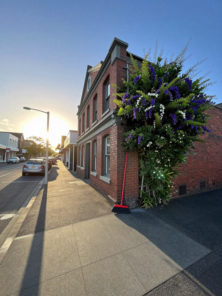 Christchurch New Zealand Sunrise Street Scene with Broom and Sweet Pea Trellis in in Christchurch, New Zealand