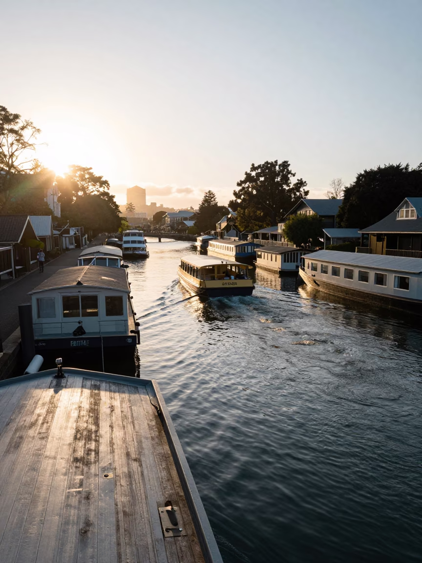 Christchurch New Zealand Sunrise Street Scene with Water Taxi and Canal Houseboats in in Christchurch, New Zealand