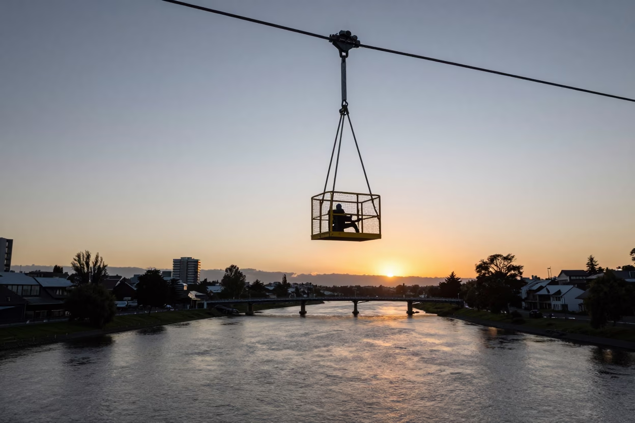 Christchurch New Zealand Sunset Bridge Maintenance Cage Swinging in Crosswind in in Christchurch, New Zealand