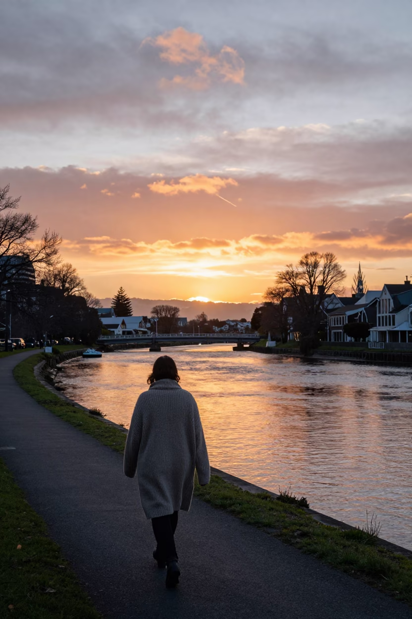 Christchurch New Zealand Sunset Over Avon River with Cardigan Wearer in in Christchurch, New Zealand