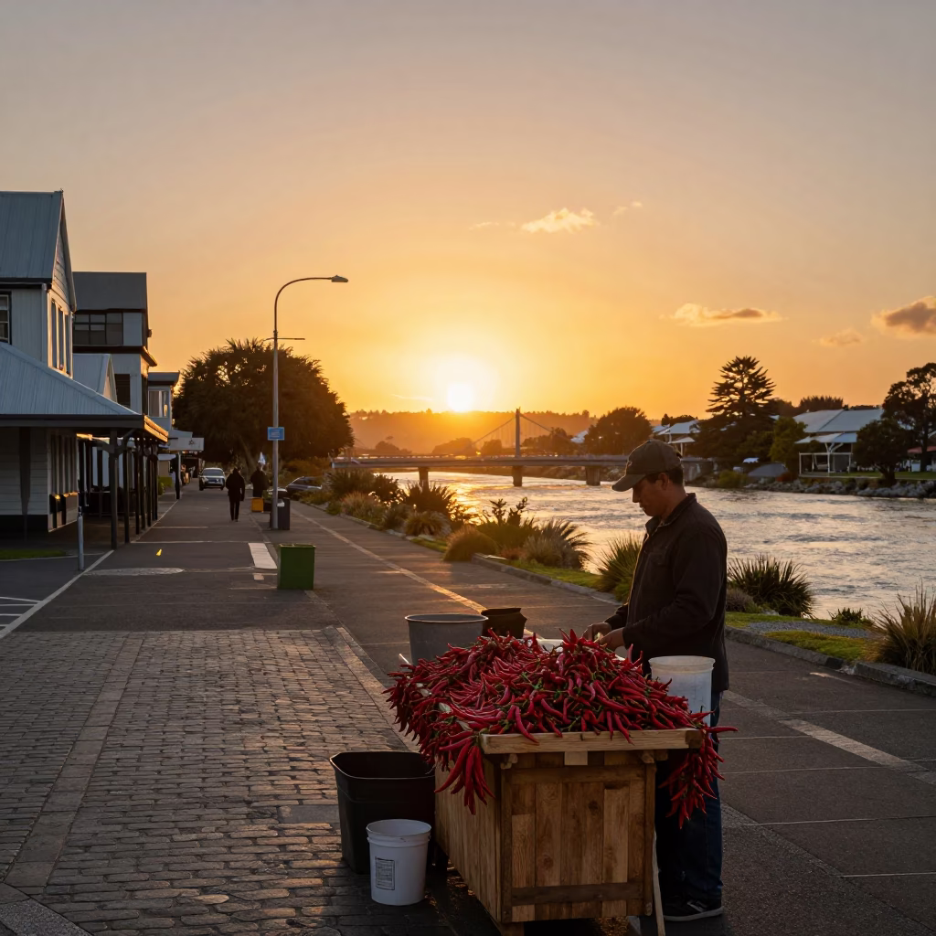 Christchurch New Zealand Sunset Street Scene with Chili Peppers and Local Market in in Christchurch, New Zealand