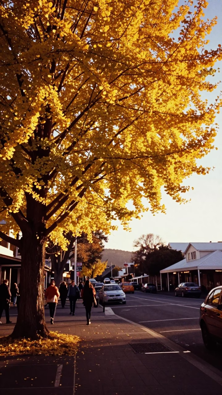 Christchurch New Zealand Sunset Street Scene with Ginkgo Tree and Local Market Activity in in Christchurch, New Zealand