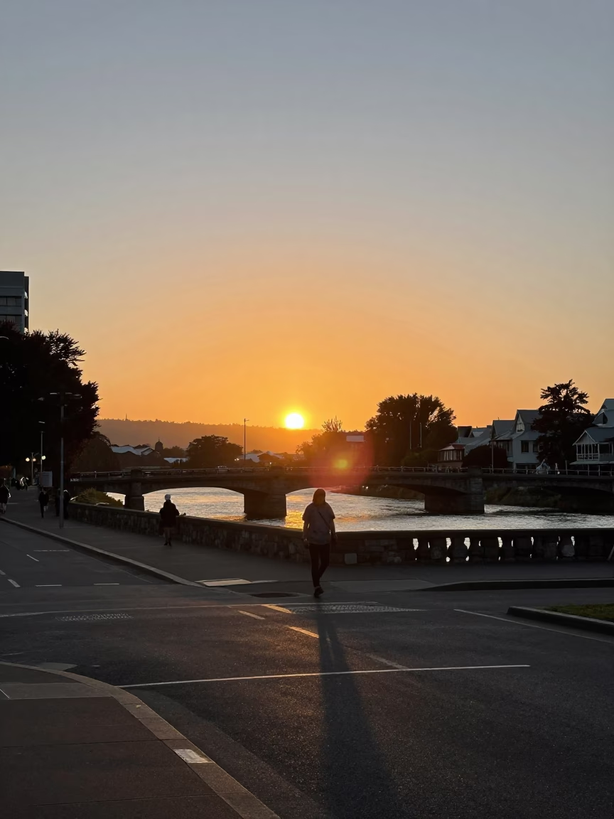 Christchurch New Zealand Sunset Street Scene with Local Life and Urban Details in in Christchurch, New Zealand