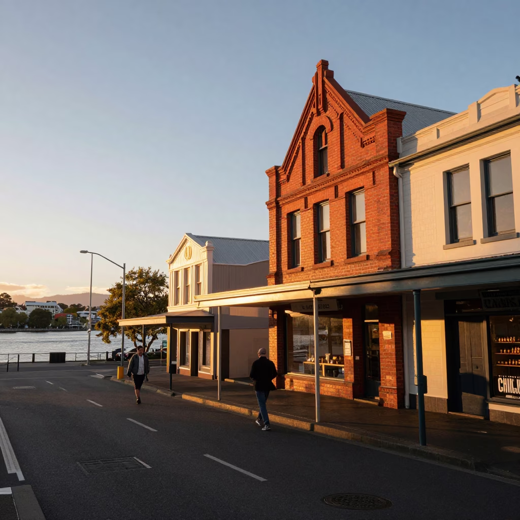 Christchurch New Zealand Sunset Street Scene with Local Shop Display in in Christchurch, New Zealand