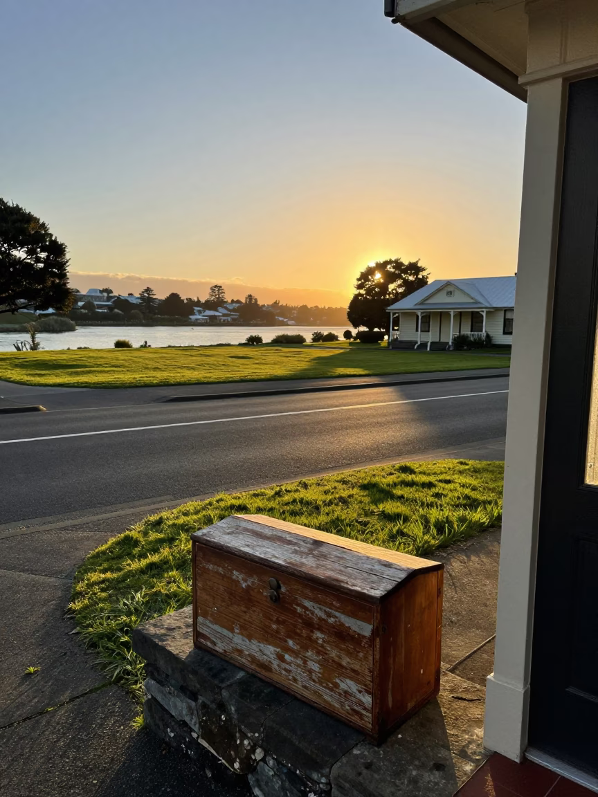 Christchurch New Zealand Sunset Street Scene with Lupin Field and Vintage Breadbox in in Christchurch, New Zealand