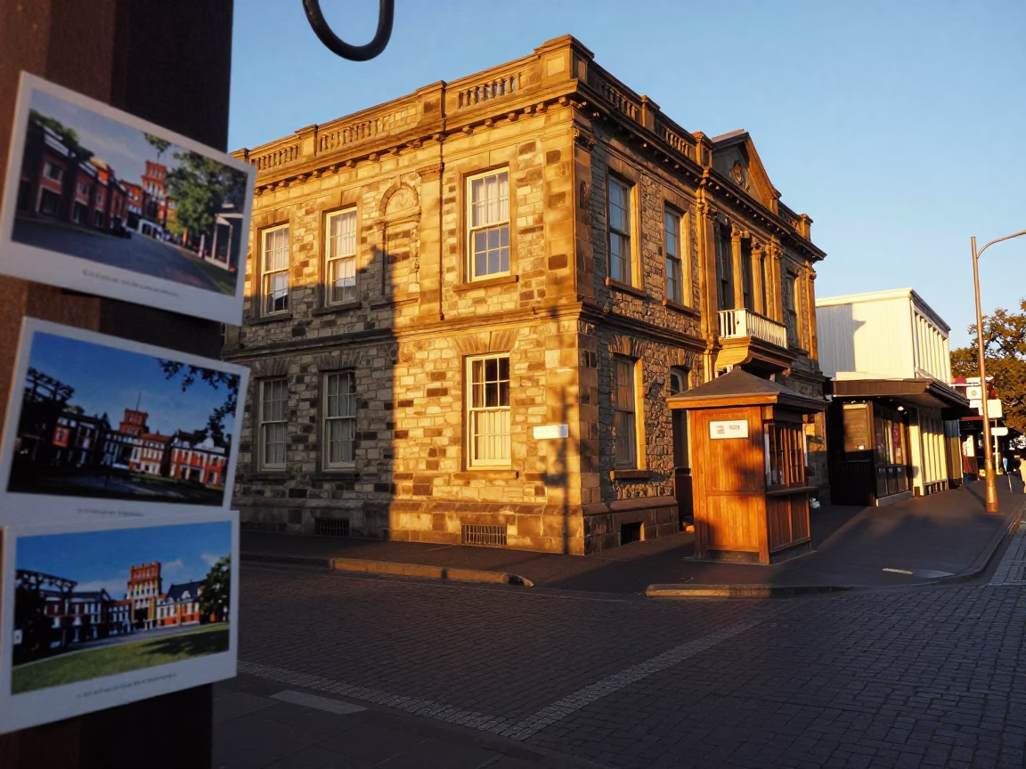 Christchurch New Zealand Sunset Street Scene with Postcards and Iron Hook in in Christchurch, New Zealand