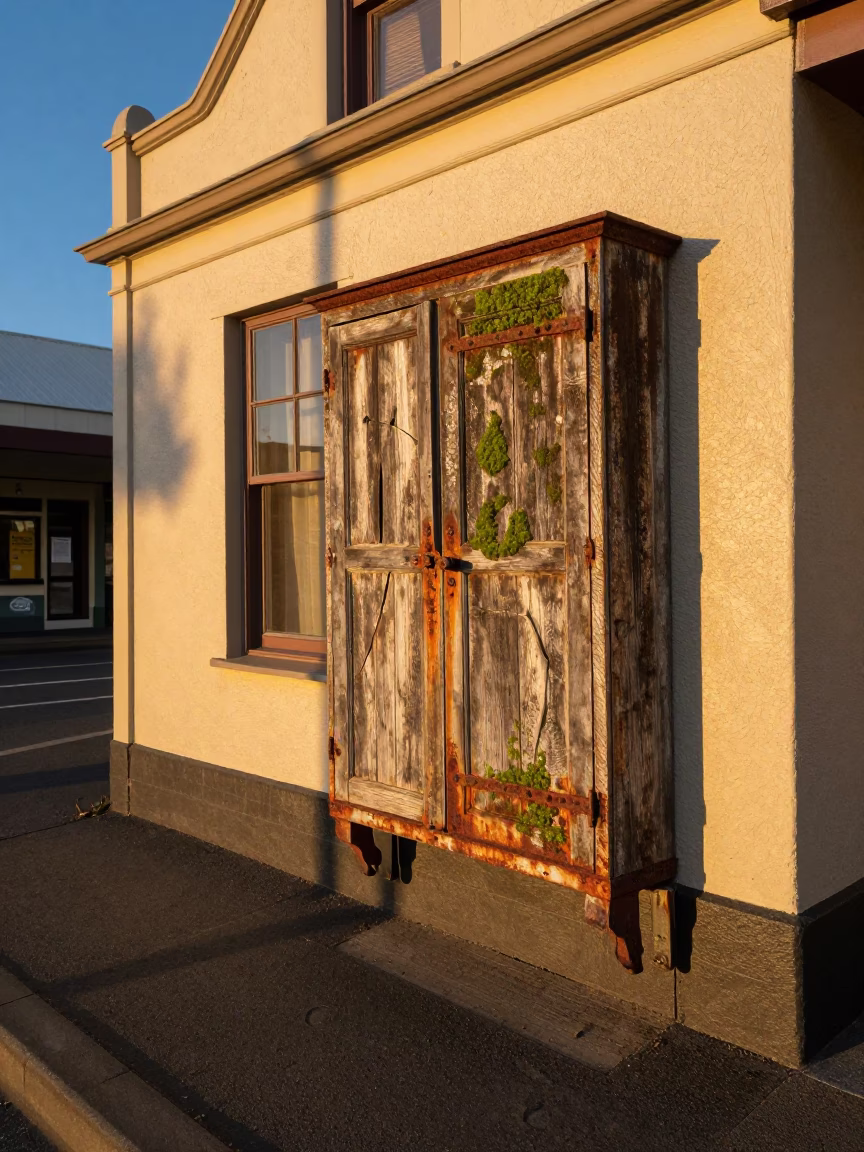 Christchurch New Zealand Sunset Street Scene with Rusty Cabinet and Mossy Stone Wall in in Christchurch, New Zealand