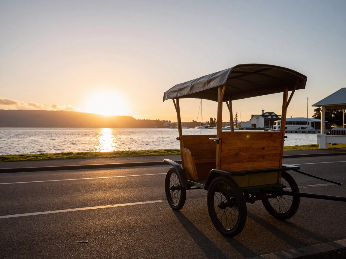Christchurch New Zealand Sunset Street Scene with Vintage Dog Cart and Local Pedestrians in in Christchurch, New Zealand