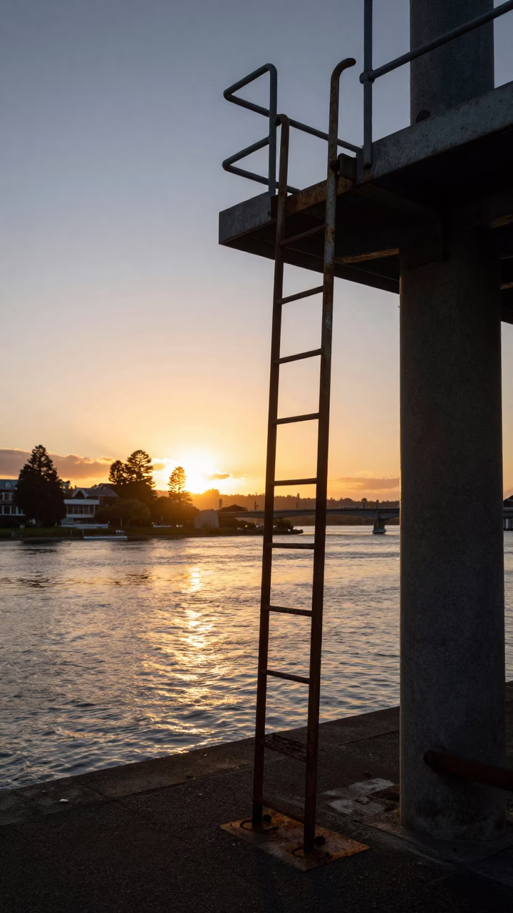 Christchurch New Zealand Sunset View of Bridge Pier Inspection Ladder Above Choppy Estuary Water in in Christchurch, New Zealand
