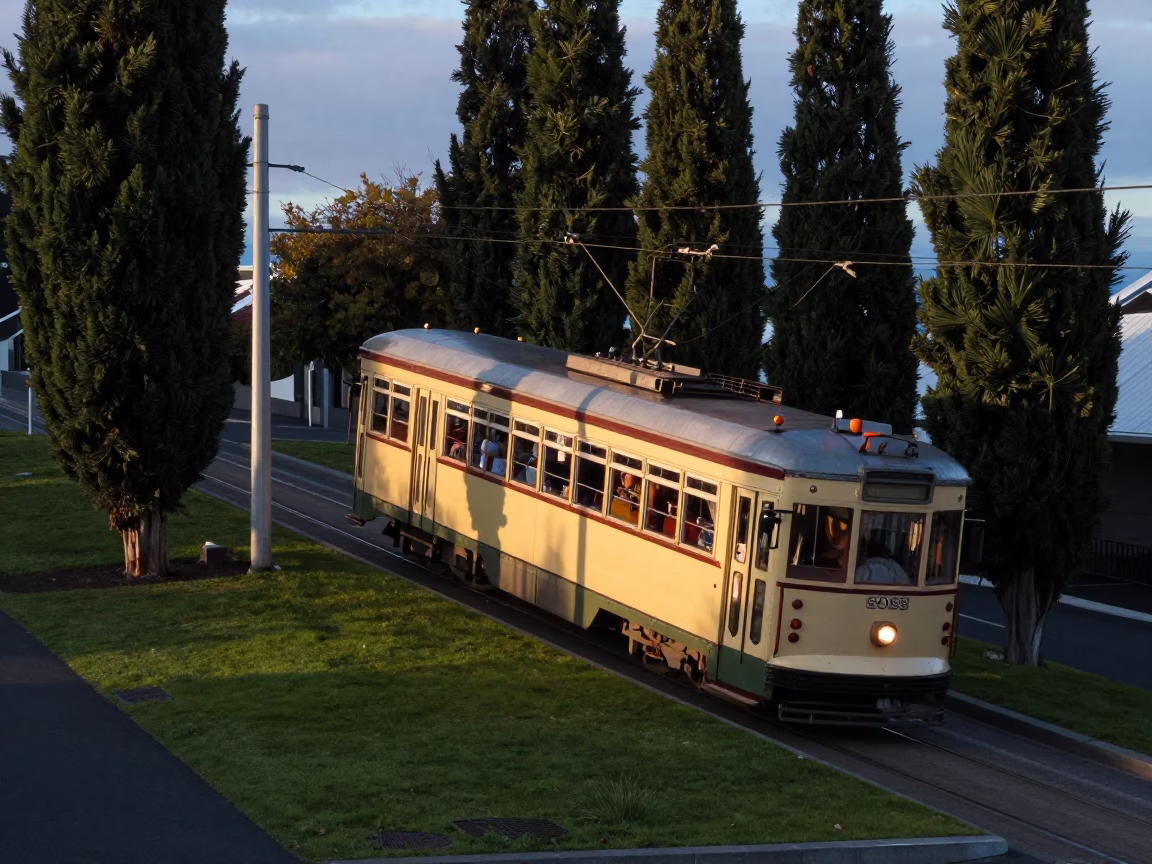 Christchurch New Zealand Tram Ascending Steep Hill at Nautical Dawn in in Christchurch, New Zealand