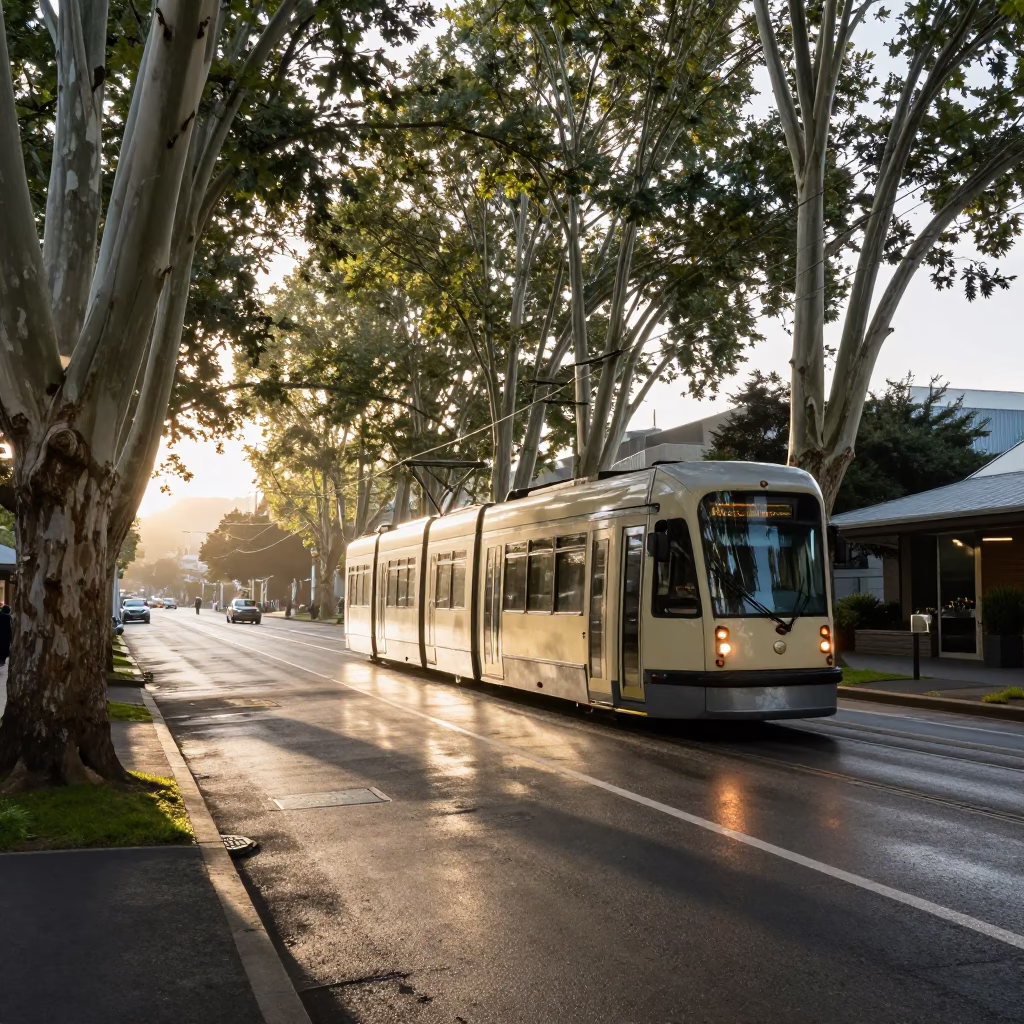 Christchurch New Zealand Tramcar on Tree Lined Boulevard at First Light Dawn in in Christchurch, New Zealand