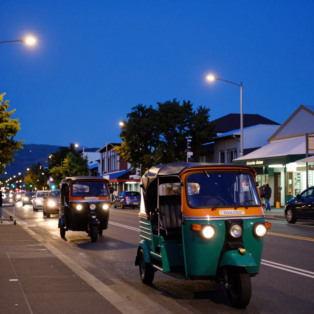 Christchurch New Zealand Twilight Street Scene with Auto Rickshaw and Local Diner in in Christchurch, New Zealand