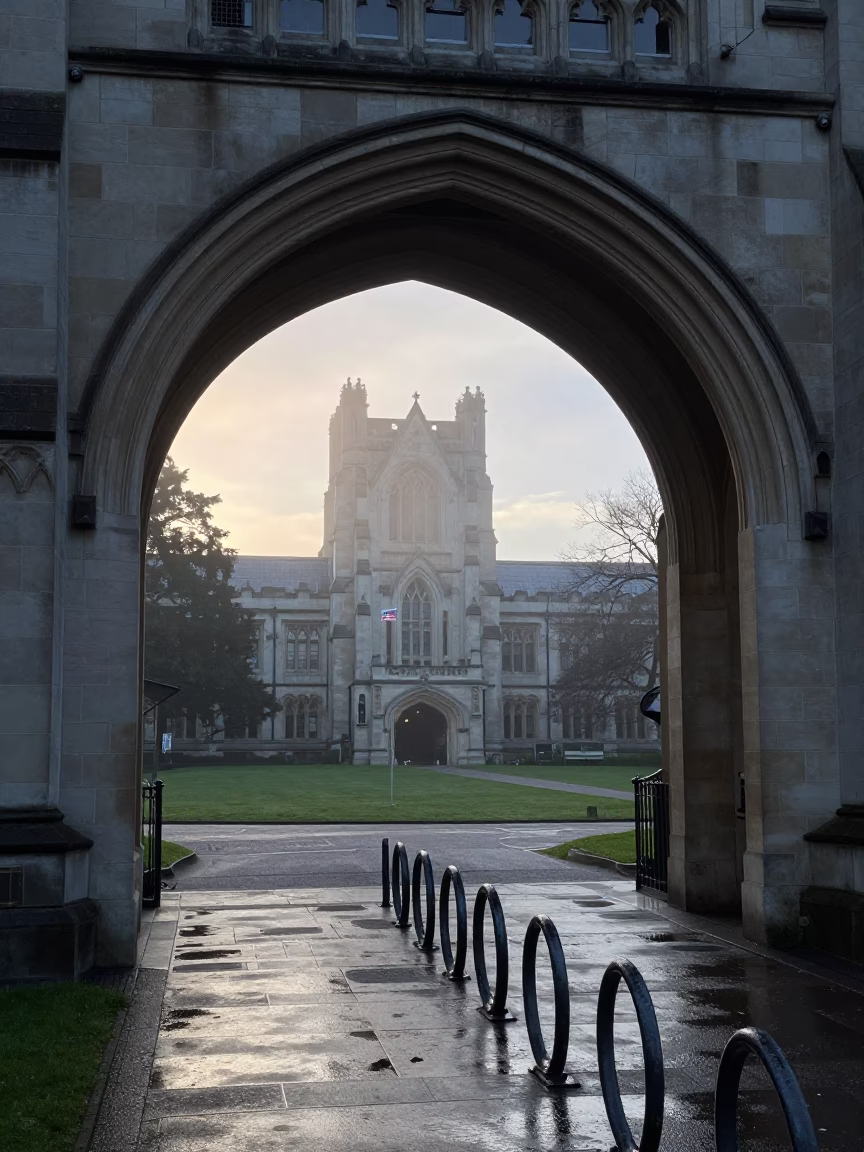Christchurch New Zealand university archway framing wet campus bicycle rack before sunrise in in Christchurch, New Zealand