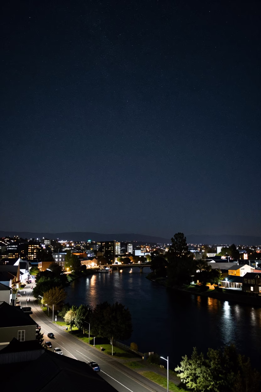 Christchurch Night Sky Above Avon River and City Lights in in Christchurch, New Zealand