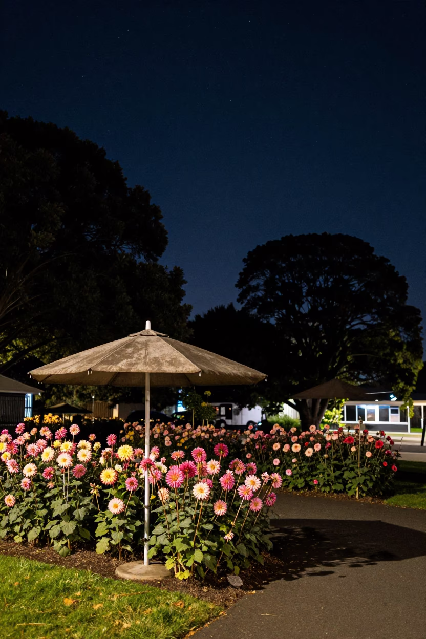 Christchurch Night Sky Over Hagley Park Dahlia Garden and Vintage Umbrella Stand in in Christchurch, New Zealand