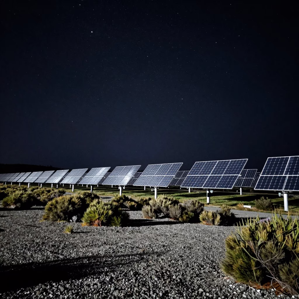Christchurch Night Sky Over Solar Array Gravel and Scrub Landscape in in Christchurch, New Zealand