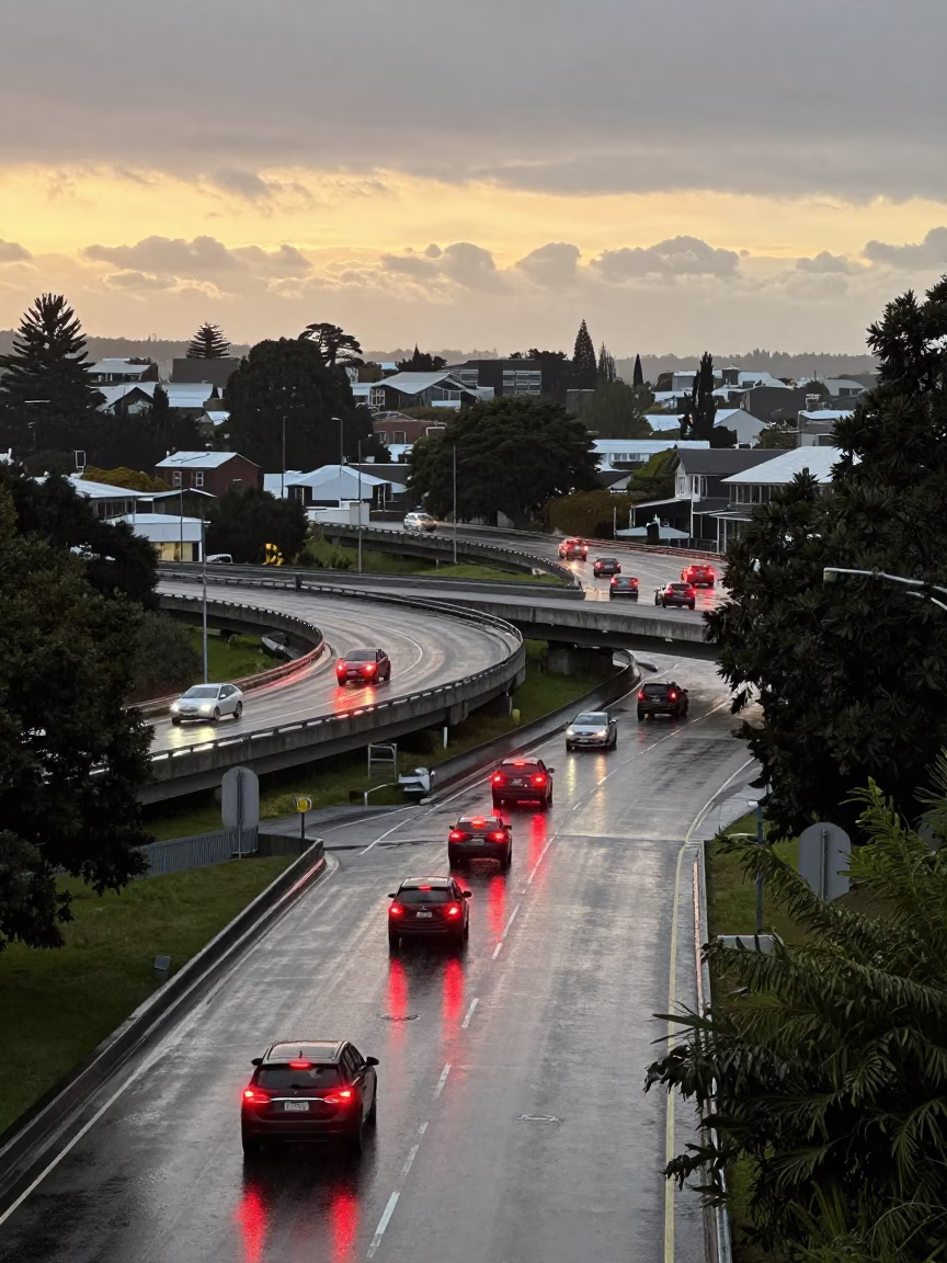 Christchurch Overpass Interchange Glowing with Taillights After Rain at Sunset in in Christchurch, New Zealand