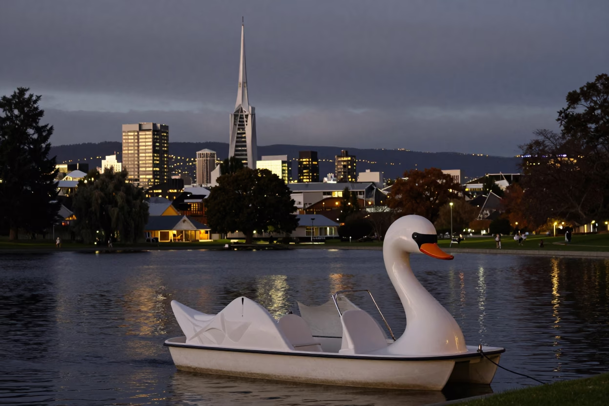 Christchurch Pedal Boat at As City Lights Begin To Glow in in Christchurch, New Zealand
