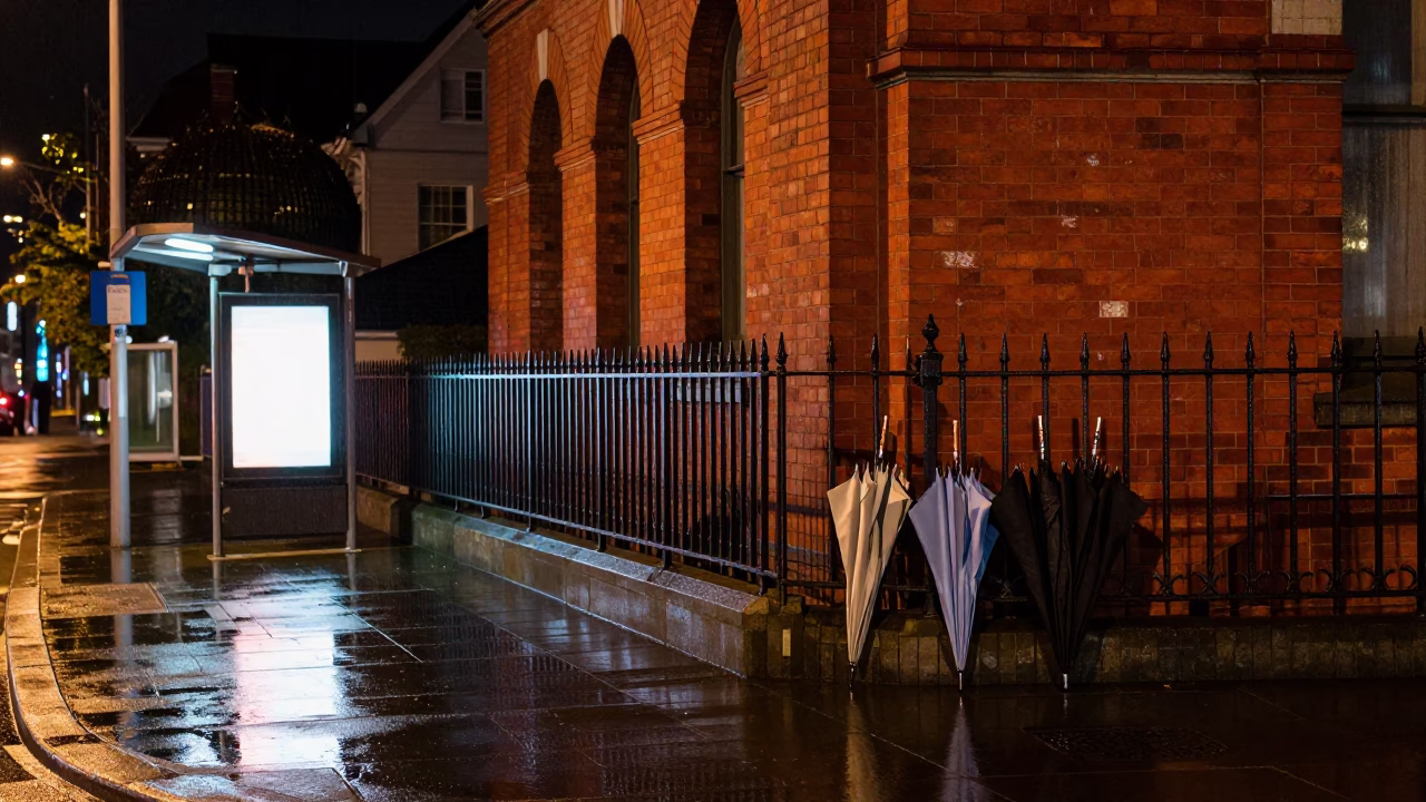 Christchurch Rain Reflections at Deep In The Night Light in in Christchurch, New Zealand