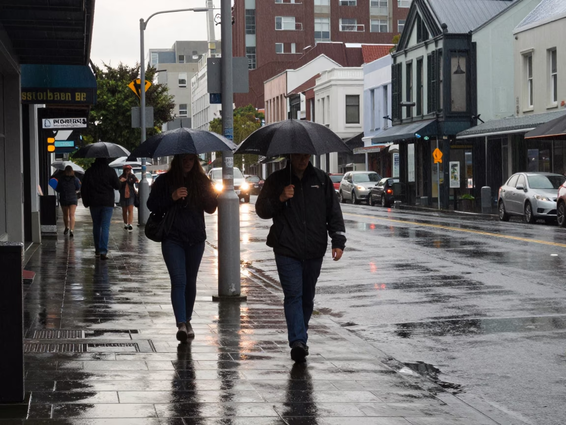 Christchurch Rainy Morning Street Scene with Umbrellas and Wet Pavement in in Christchurch, New Zealand