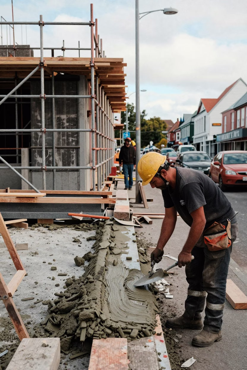 Christchurch Rebuild Scaffolding and Masonry Work on Gloucester Street Early Afternoon in in Christchurch, New Zealand