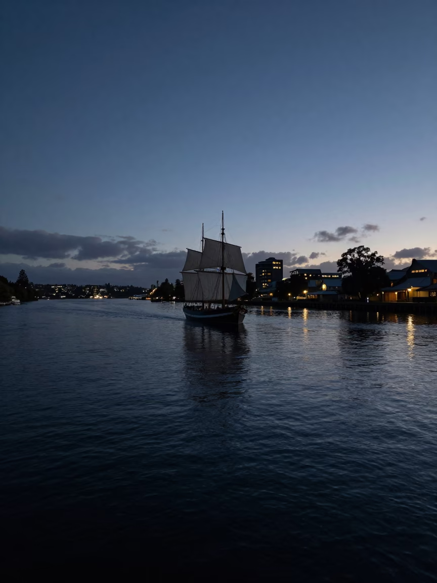 Christchurch River Scene at The Predawn Darkness Light in in Christchurch, New Zealand