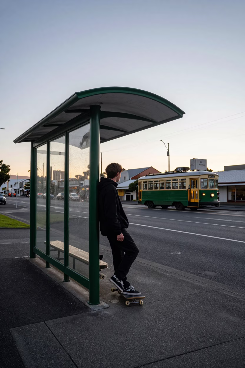 Christchurch Skateboarder Waiting at The Still Hours Before Dawn Light in in Christchurch, New Zealand