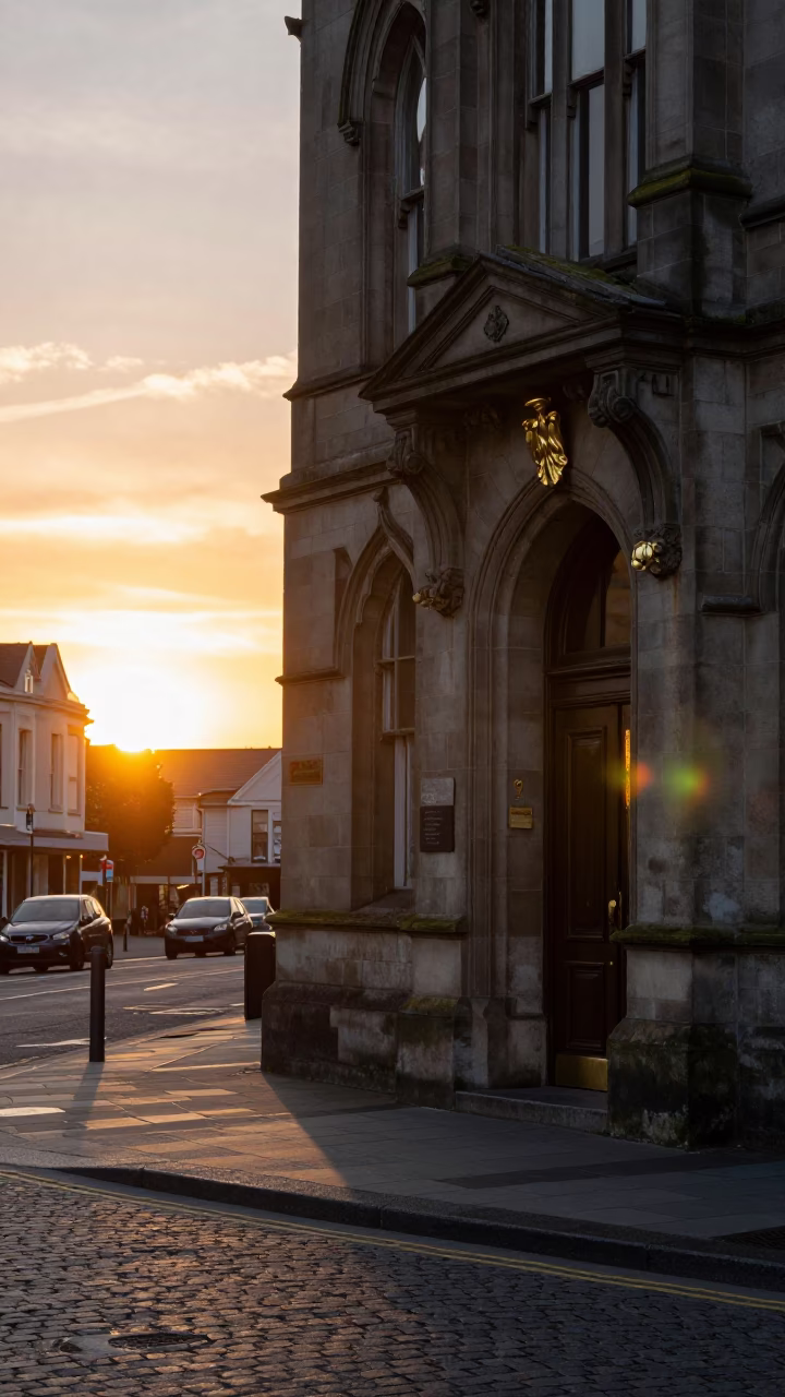 Christchurch Street Scene at As The Sun Drops Toward The Horizon in in Christchurch, New Zealand