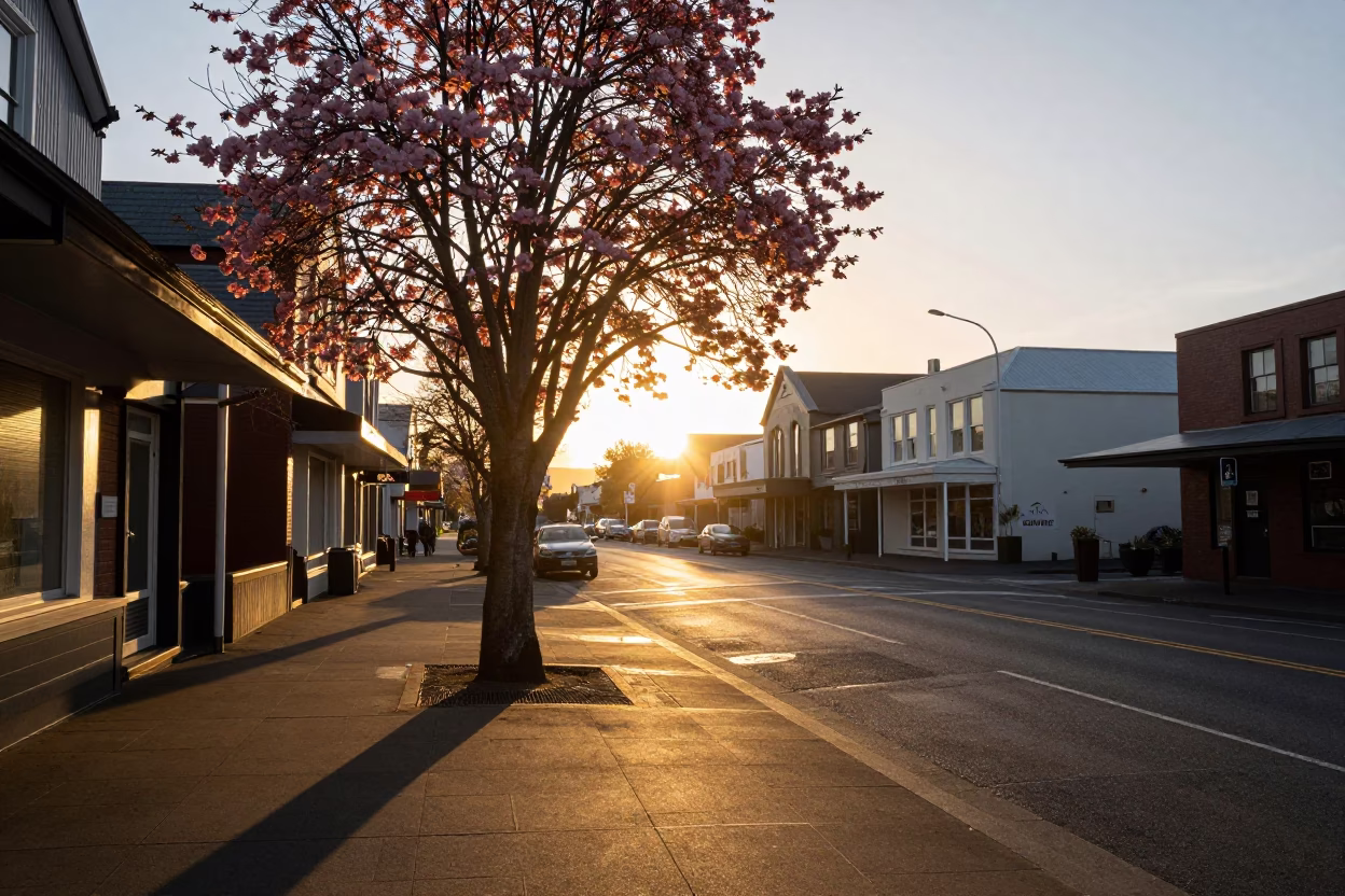 Christchurch Street Scene at As The Sun Drops Toward The Horizon in in Christchurch, New Zealand