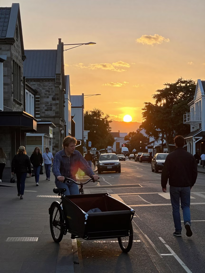 Christchurch Street Scene at As The Sun Drops Toward The Horizon in in Christchurch, New Zealand