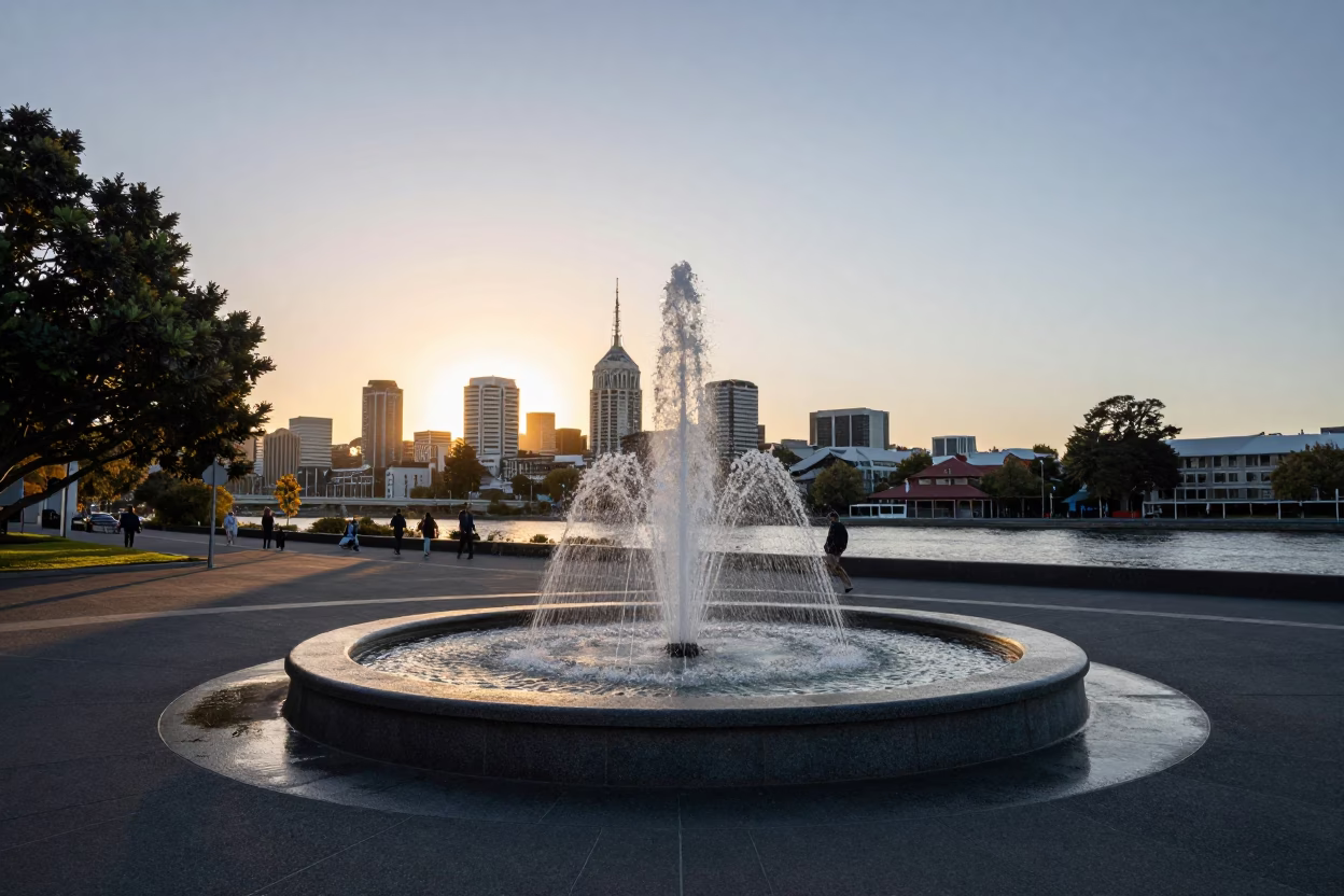 Christchurch Street Scene at As The Sun Drops Toward The Horizon in in Christchurch, New Zealand