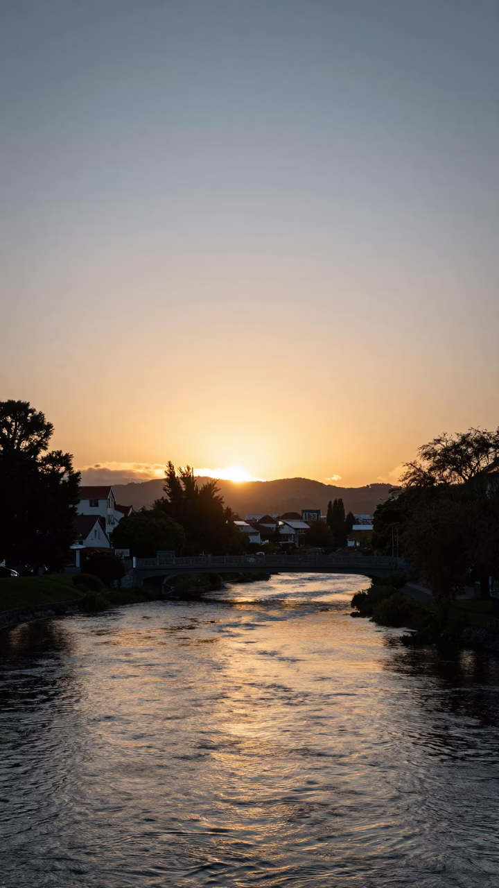 Christchurch Sunset Light at As The Sun Drops Toward The Horizon in in Christchurch, New Zealand