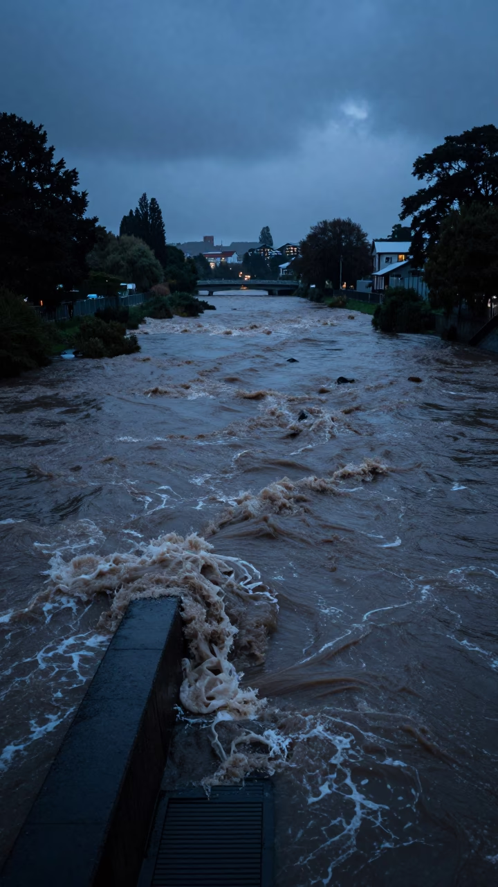 Christchurch Swollen River at The Predawn Darkness Light in in Christchurch, New Zealand