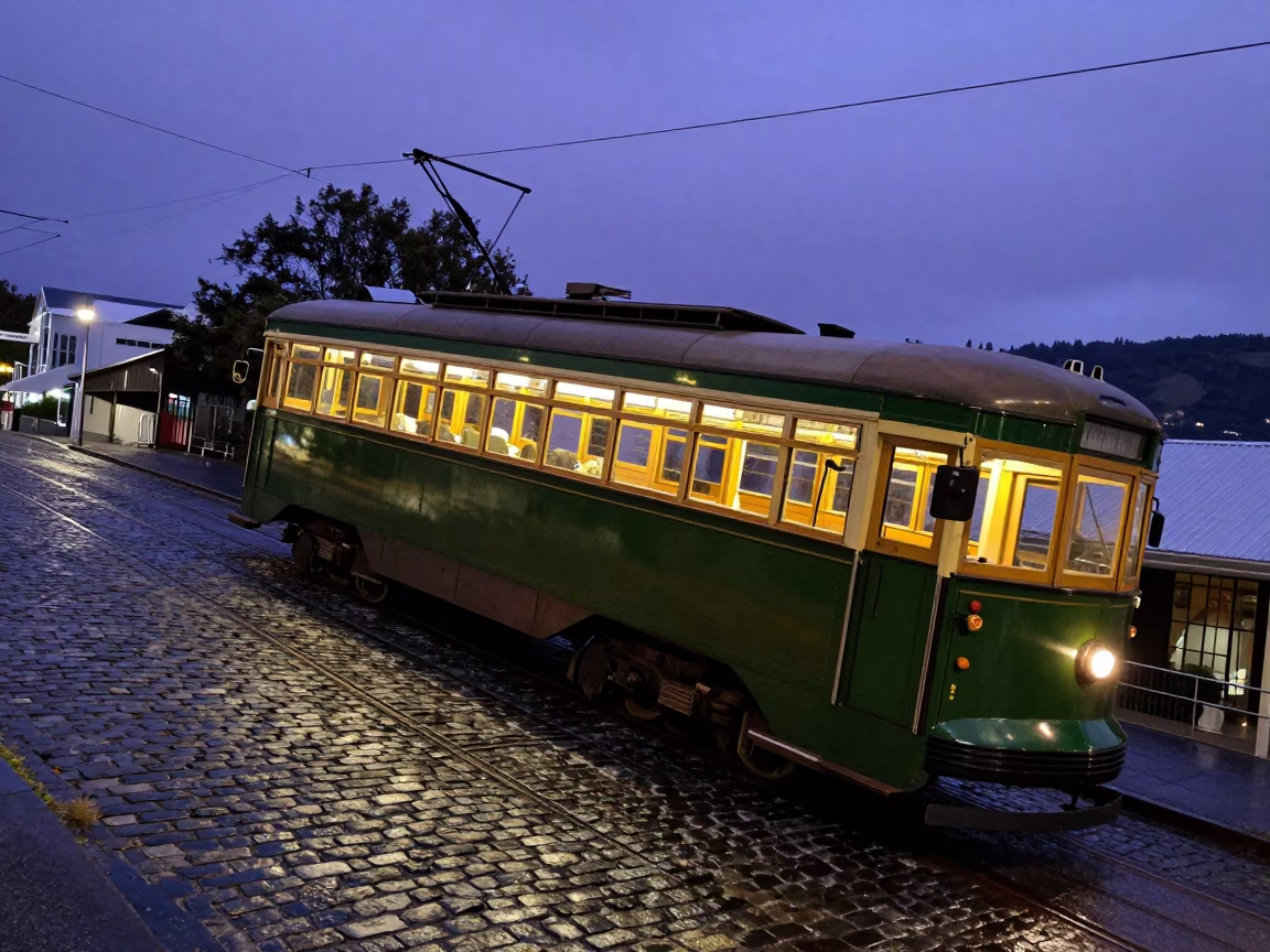 Christchurch Tram Climbing steep Hill in Indigo Twilight with City Lights in in Christchurch, New Zealand