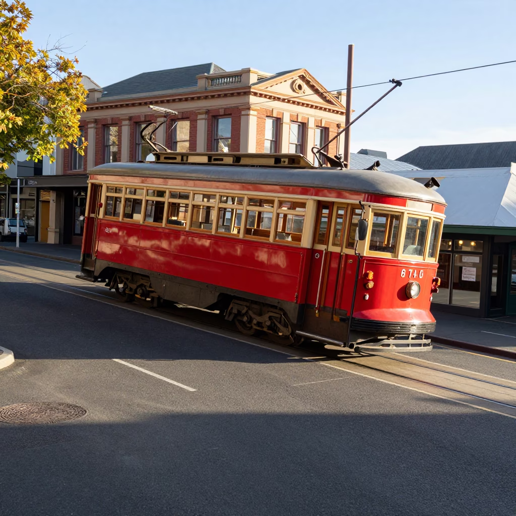 Christchurch Tram on Steep Hill Late Afternoon Light Realistic Photograph in in Christchurch, New Zealand