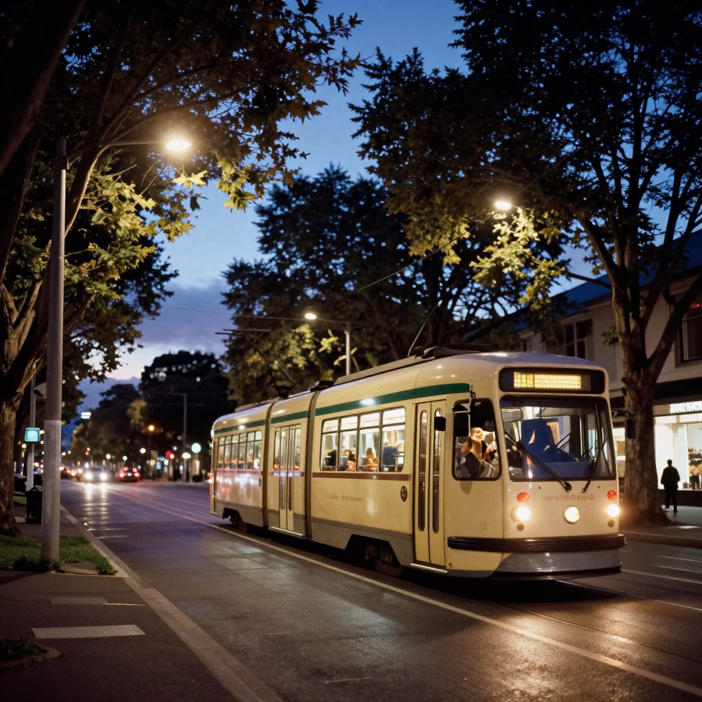 Christchurch Tramcar on Tree-Lined Boulevard at Blue Hour After Sunset in in Christchurch, New Zealand